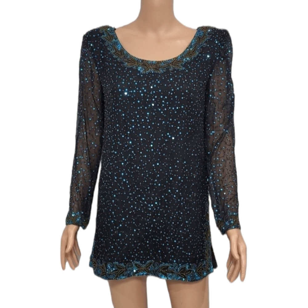 Stenay Womens Silk Top Vintage long Sleeve Beaded Sequin Sz S Black Turquoise